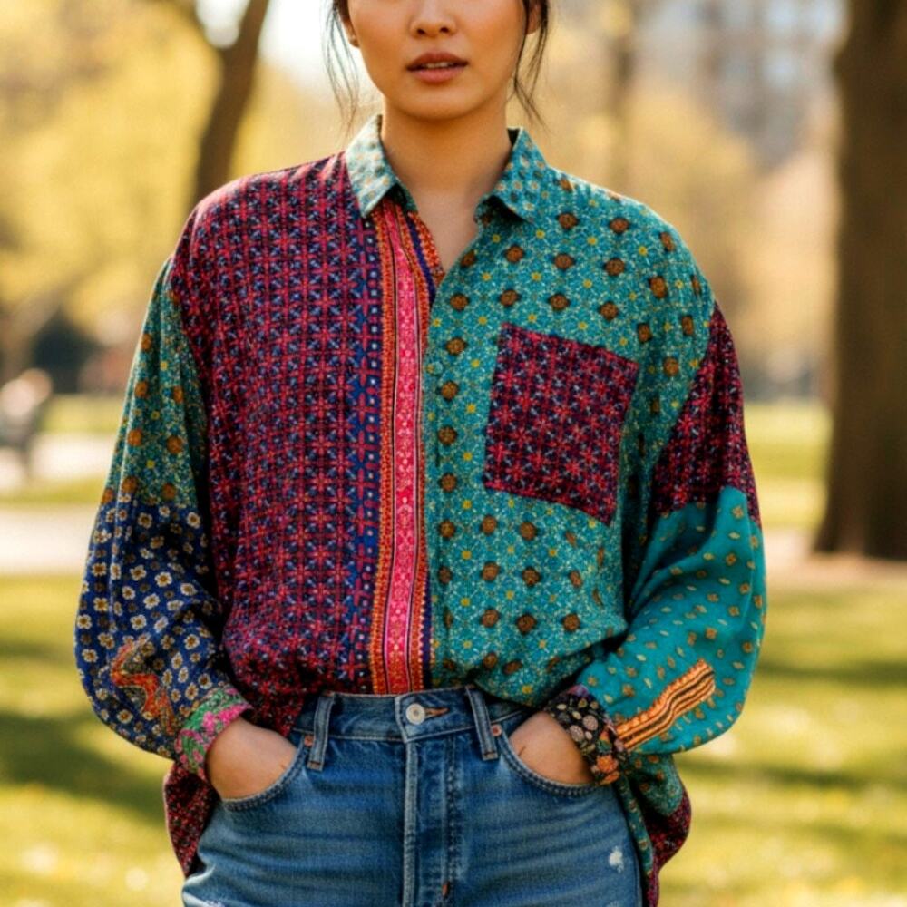 Vintage Climate Button Down Patch Shirt Size Small Oversized Long Sleeve Boho